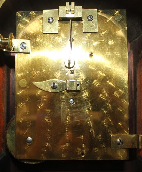 A Victorian ebonised and burr walnut single fusee mantel timepiece, 10.5in.
